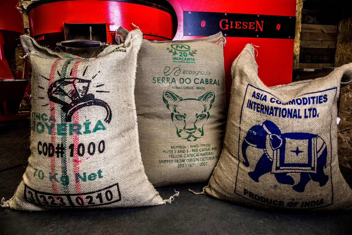 Coffee sacks at the Mac and Me roastery in Chelmsford